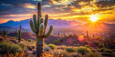 Arizona Sonoran Desert Landscape with Bokeh, Stunning Sunset, Cactus, Mountains