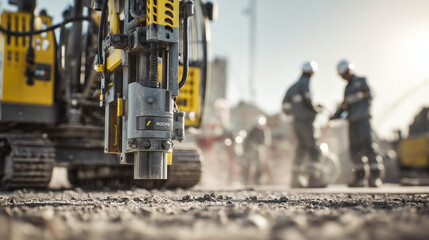A powerful drill rig stands prominently in a dusty quarry, captured from a low-angle ground view emphasizing its massive tracks and robust structure. scale of heavy machinery.