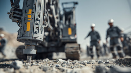 A powerful drill rig stands prominently in a dusty quarry, captured from a low-angle ground view emphasizing its massive tracks and robust structure. scale of heavy machinery.
