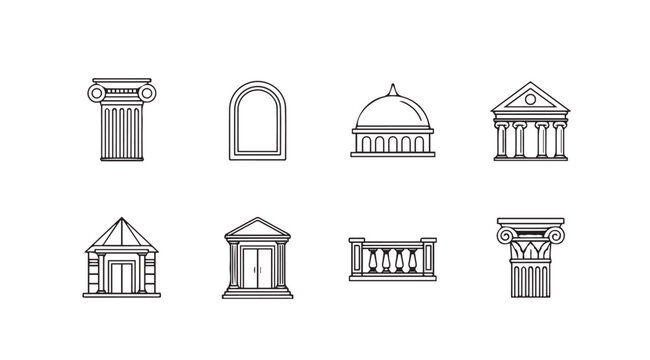 Collection of classical architectural facades and columns simple line drawings vector