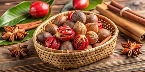 Aromatic Mace & Nutmeg Aril Stack in Rustic Bamboo Basket - Isolated White Background