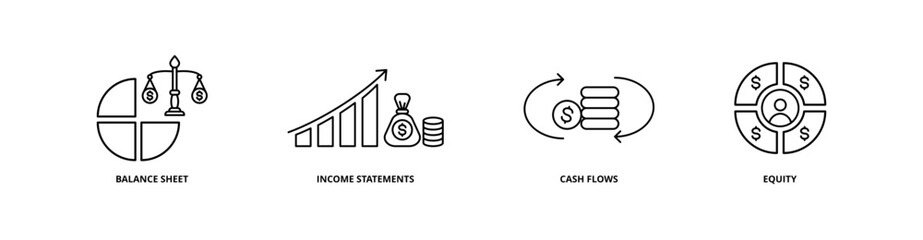 Financial Statements icon set with balance sheet, income statements, cash flows, and equity