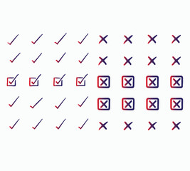 Abstract Checkmark Cross Mark Symbols Hand Drawn Gradient Doodles Set. Vector Illustration for UI UX Icon Check and Crossmark Button Element Design. Creative Mark Design