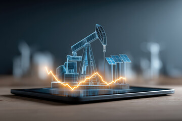 Futuristic energy concept with oil pump, solar panel, and digital graph on tablet, symbolizing innovation and technology