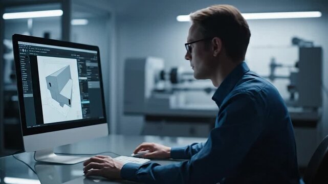 Man works on a computer, viewing a 3D model in a professional, modern laboratory