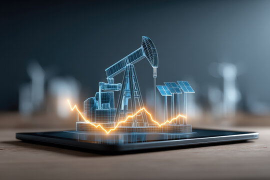 Futuristic energy concept with oil pump, solar panel, and digital graph on tablet, symbolizing innovation and technology
