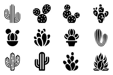 Collection of 12 stylized black and white cactus icons on a white background © Sultana