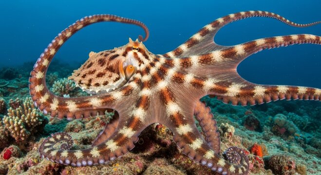 Majestic wonderpus octopus gliding over vibrant coral reef in clear blue ocean
