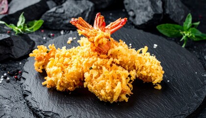 closeup of shrimp in tempura on black rock 