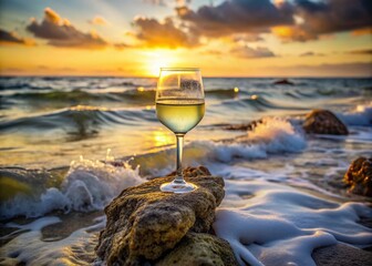 Atlantic Ocean Waves Crashing on Shore, Wine Glass on Rocks - Long Exposure Photography
