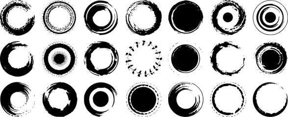 Collection of Black and White Abstract Brush Stroke Circles and Rings