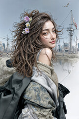 The image is a detailed sketch of a person with long, curly hair, wearing a backless dress, standing in front of a cityscape with tall buildings, including the Empire State Building. The person is fac