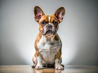Attentive French Bulldog Puppy Portrait: Charming Brown & White Dog on White Background