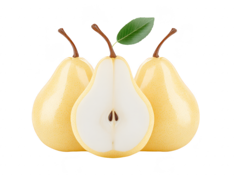Yellow pear fresh juicy ripe whole half seed leaf isolated transparency background Juicy yellow pear with green leaf whole and halved showing seeds isolated transparency background fresh and ripe