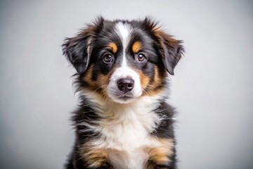Australian Shepherd Dog, Black, Sitting, White Background - Stock Photo