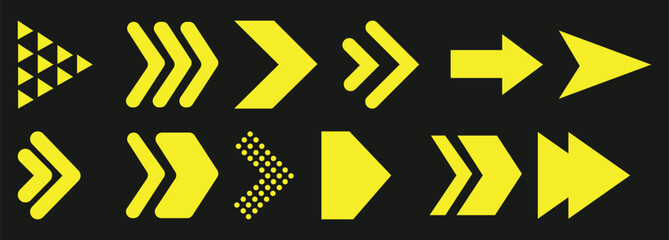 Collection of Yellow Arrows on a Black Background, Diverse Styles and Directions