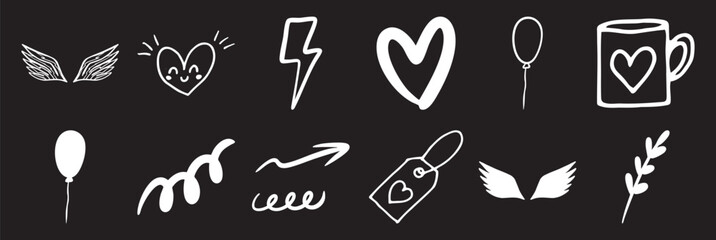 Hand-drawn white icons of hearts, wings, lightning, balloons, and more on black