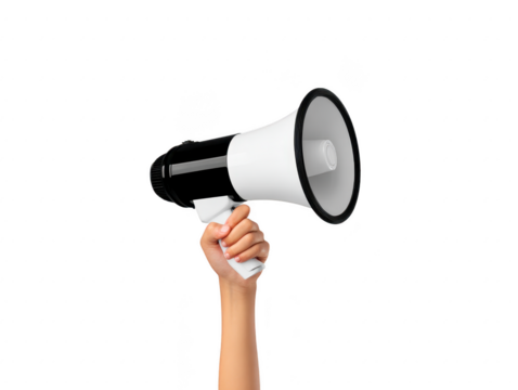 Hand holding black and white megaphone isolated on transparent background, symbolizing announcement, communication, and public speaking with clear and bold message
