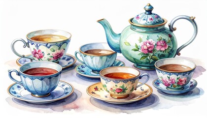 Hot porcelain tea set with teapot and separate cups