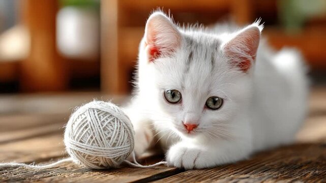 A fluffy white kitten with green eyes lounges near a ball of yarn on a wooden surface