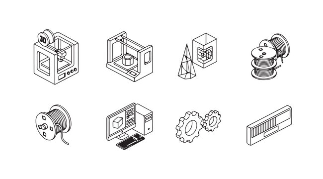Isometric line art icons representing industrial machinery components and processes in a schematic style vector