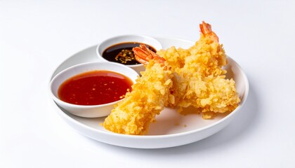 closeup shot of tasty shrimp tempura with sauce on a white background 