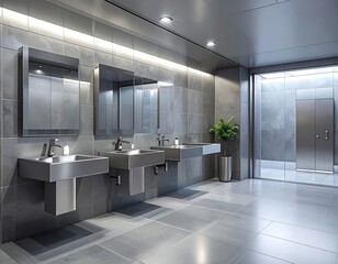Modern, minimalist public restroom with sinks, mirrors, and polished surfaces