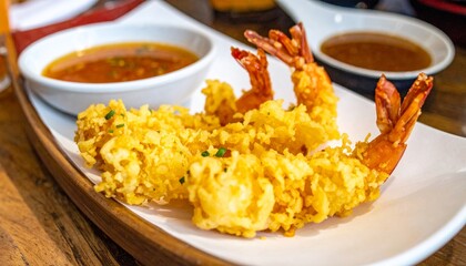 closeup of shrimp in tempura with sauce. chinese cuisine. 
