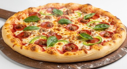 Delicious pepperoni and green pepper pizza on a wooden peel