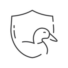 A duck icon within a shieldshaped frame The duck faces right featuring a beak and body outline
