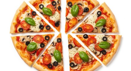 Delicious sliced pizza with fresh basil and olives