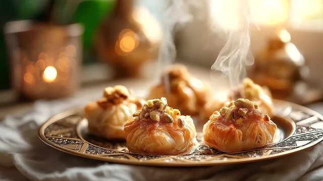 Golden baklava pastries with pistachios and almonds on ornate brass tray, warm Moroccan ambiance, geometric Islamic patterns in background, steam rising, authenticity of Maghrebi c