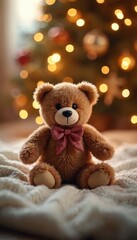 Cute brown teddy bear toy with red bow tie sits on soft blanket. Christmas tree glows with festive lights in background. Cozy home setting celebrates winter holidays, perfect present for child.