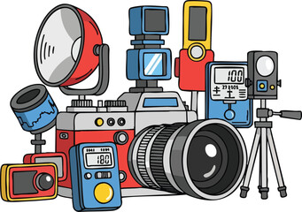 Colorful cartoon style collection of vintage cameras and photography equipment with studio flash and tripod in bright studio lighting