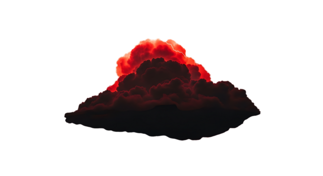 Dark ominous storm cloud with bright red sky and lightning strikes, cutout, PNG isolated on white or transparent background