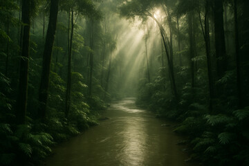 Obraz premium A serene river winding through a dense tropical rainforest with dramatic sunbeams cutting through the misty atmosphere