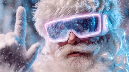 Naklejka premium Futuristic Santa Claus with Neon Glasses in a Snowy Wonderland