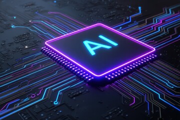 Minimalistic AI chip symbol illuminated by neon circuit lines on a futuristic background offers a glimpse into advanced technology