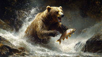 Fototapeta premium Majestic powerful grizzly bear roaring while catching fish in wild river