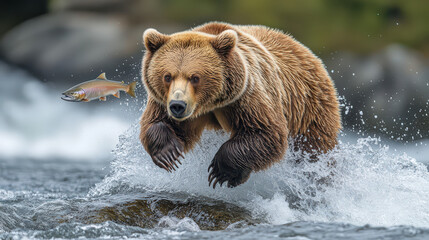 Fototapeta premium Majestic grizzly bear hunting for salmon fish in powerful wild river
