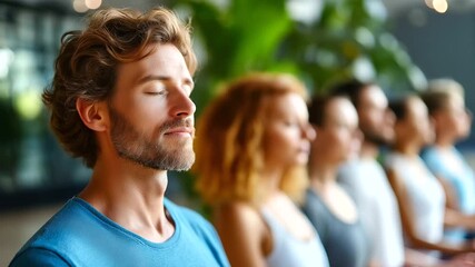 Group meditation session in studio, soft daylight, calm expressions, mindfulness and unity, wellness community, spiritual balance, inner peace, shared energy, group wellness concep