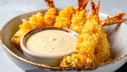 golden shrimp tempura served in a bowl with creamy dip 