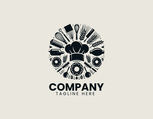 Chef hat bakery tools black vector logo illustration 