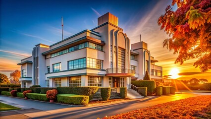 Fototapeta premium Autumn Sunset Over Geometric Art Deco Building, Cityscape Landscape