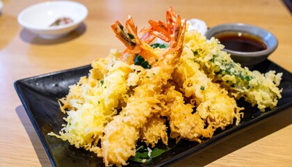 japanese cuisine, seafood and vegetable tempura platter 