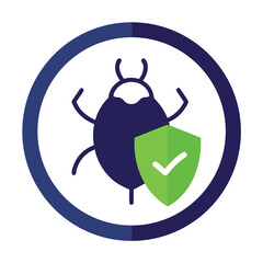 Antivirus protection shield with a bug inside circle representing cybersecurity and protection from viruses and malware concept