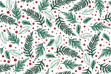 Christmas seamless pattern with winter plants. Traditional winter season, events, botanical decor. Green branches and red berries are elements of the New Year's banner design.