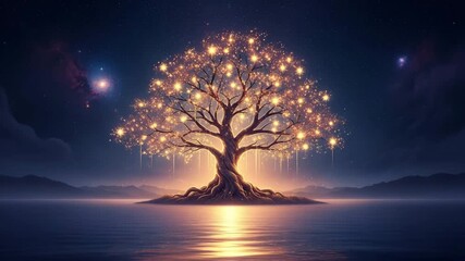 Magical glowing tree of life illuminated by countless golden lights against a starry night sky - Powered by Adobe