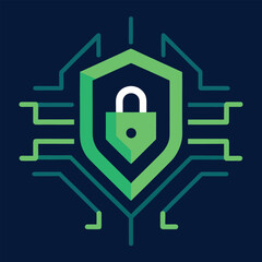 Digital security and protection abstract symbol with shield padlock circuit and connection lines representing data safety and encryption solutions