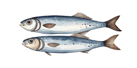 Sea watercolor pattern. Sardines, fish, herring. Simple decor in Scandinavian style in soft blue and brown tones. For wrapping paper, fabric. Vector